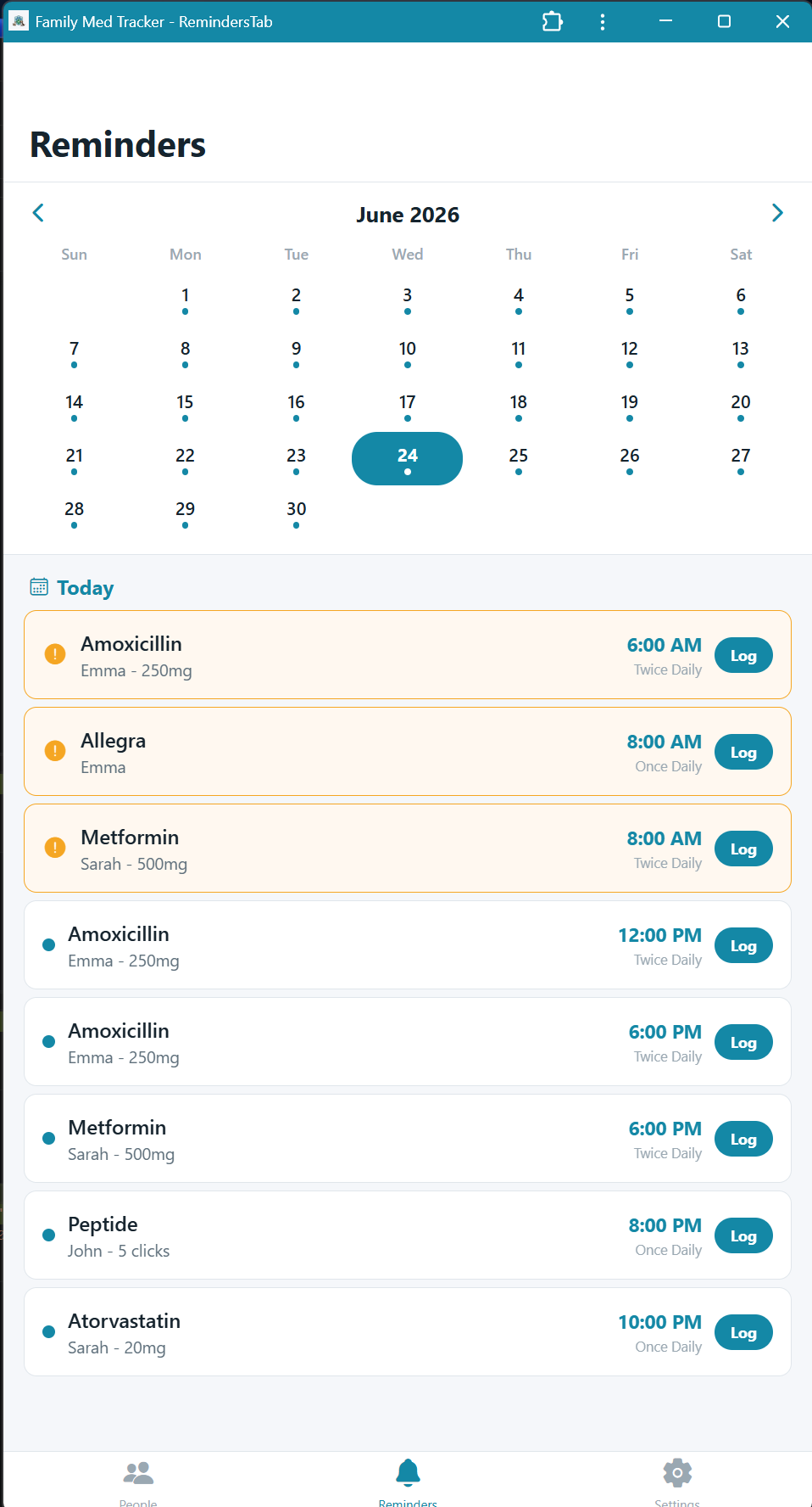 Reminders calendar with Log buttons